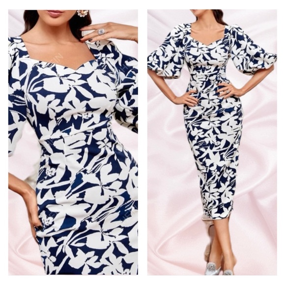 Blue Floral Tea Length Formal Dress with Puff Sleeves